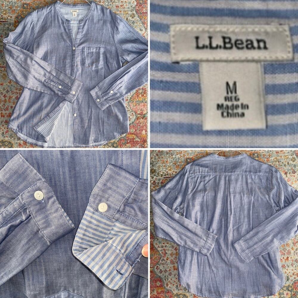 LL Bean Blue Linen 100% Cotton Mandarin Collar Womens MED